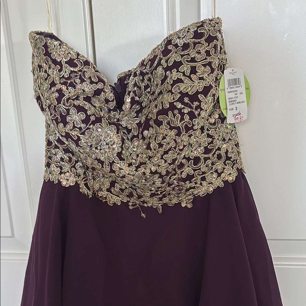 Elegant Purple Dress with Gold Embroidery- strapless NEW WITH TAGS